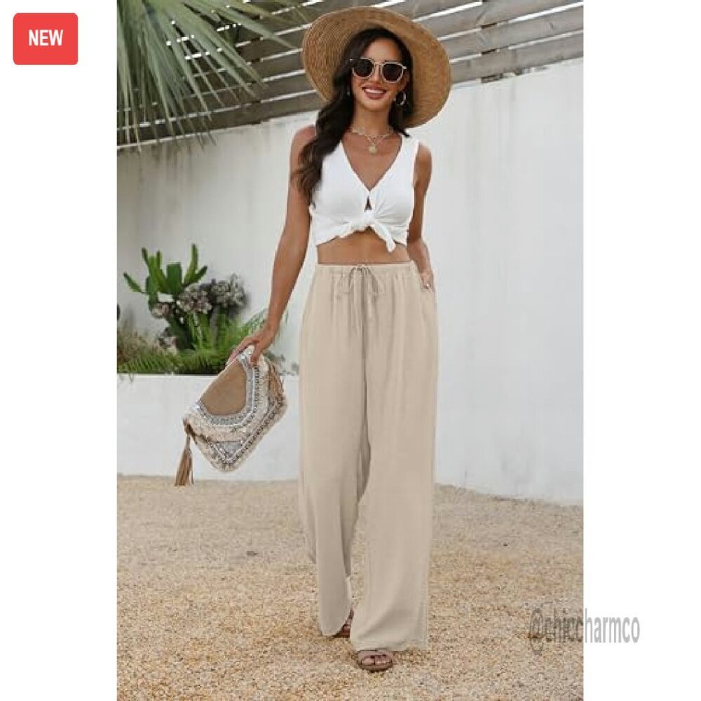 Wide Leg Palazzo Pants with Pockets Drawstring Elastic Waist Flowy Trousers - Picture 4 of 8